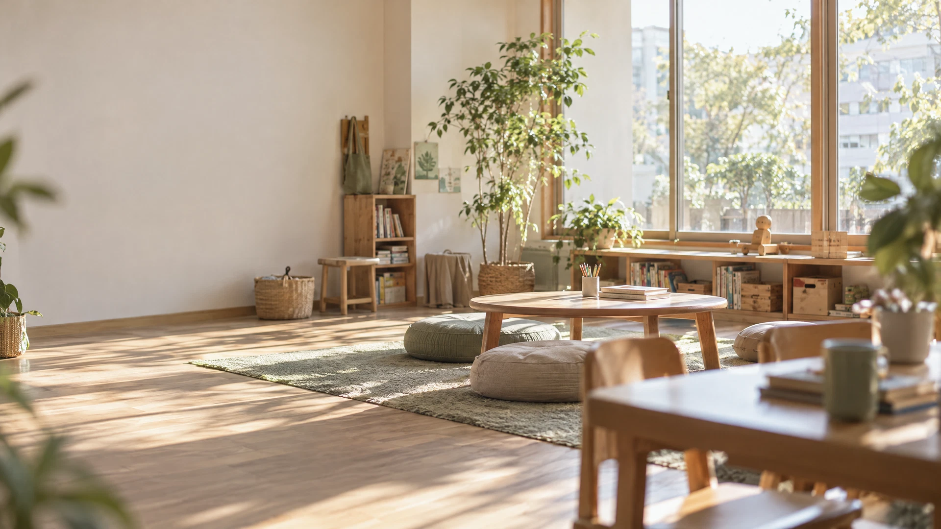 自然光が差し込む、木の家具と植物のある静かな居場所のイメージ